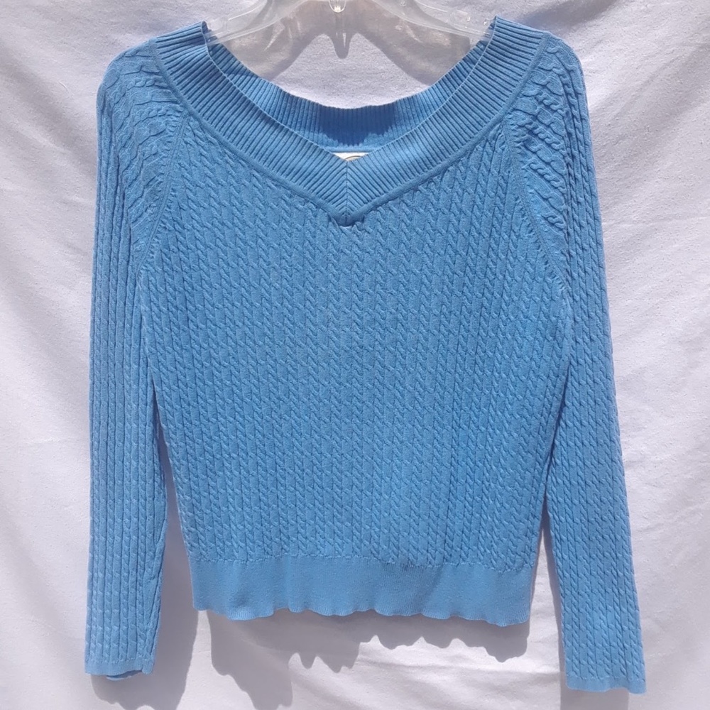 Talbots Blue Pullover Sweater Cotton V-Neck Ribs